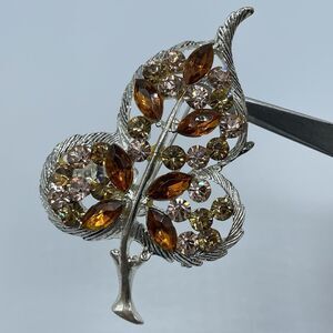 Vintage Silver Tone Champaign Rhinestone Leaf Flower Brooch Pin Statement Boho